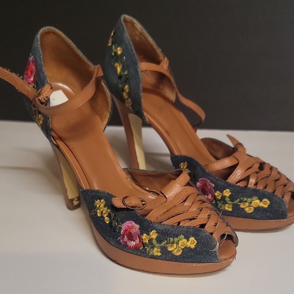 Jennifer Lopez Floral Embroidered Denim Heels